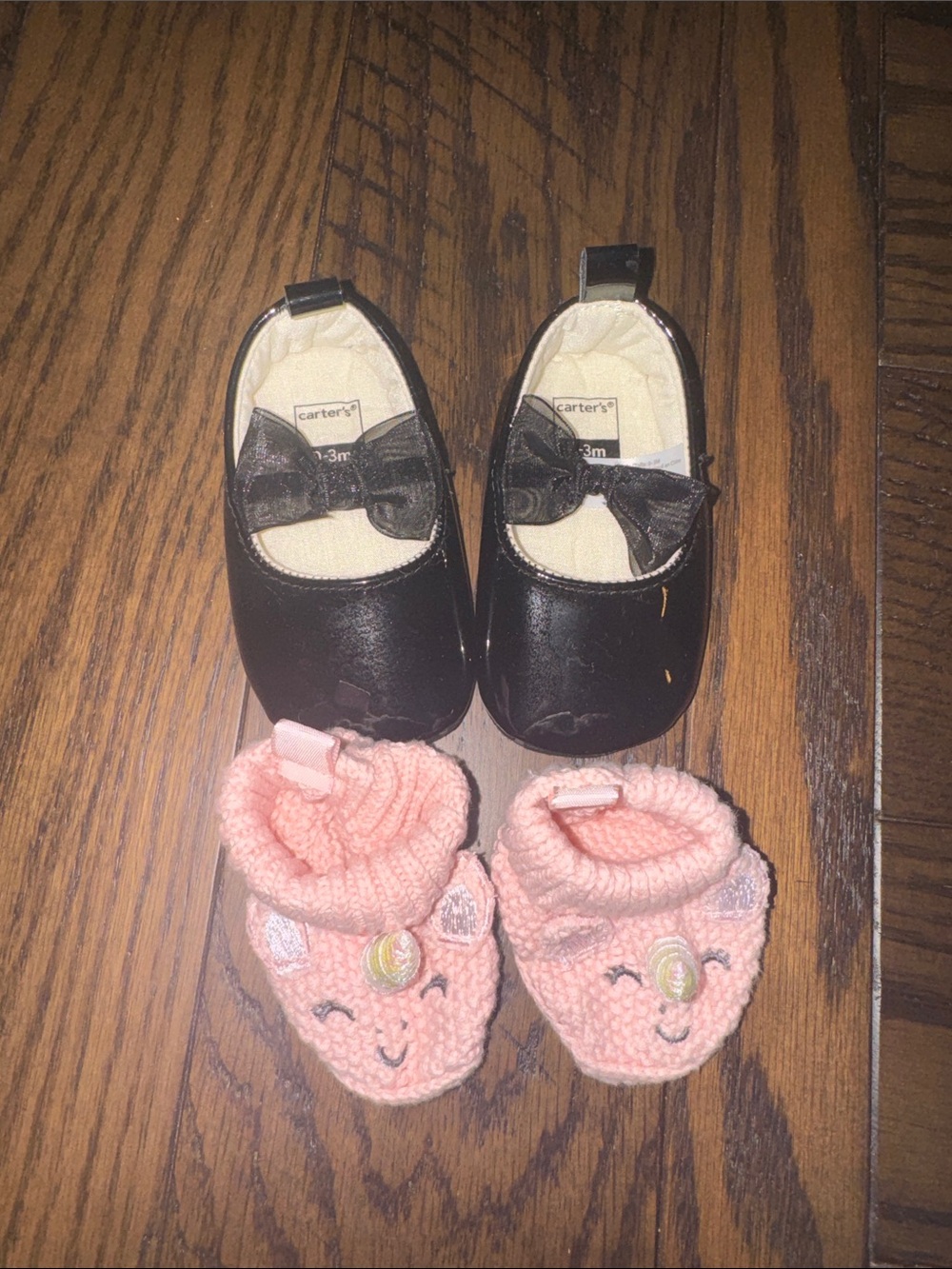 Carter's Black Baby Mary Jane Shoes and Pink Knit Unicorn Booties